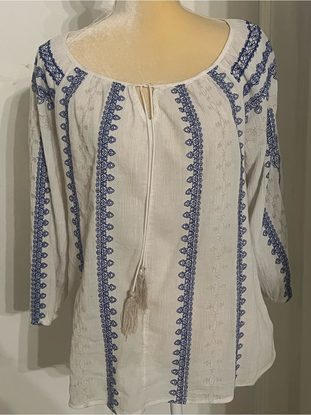 White and Blue Embroidered Peasant Top